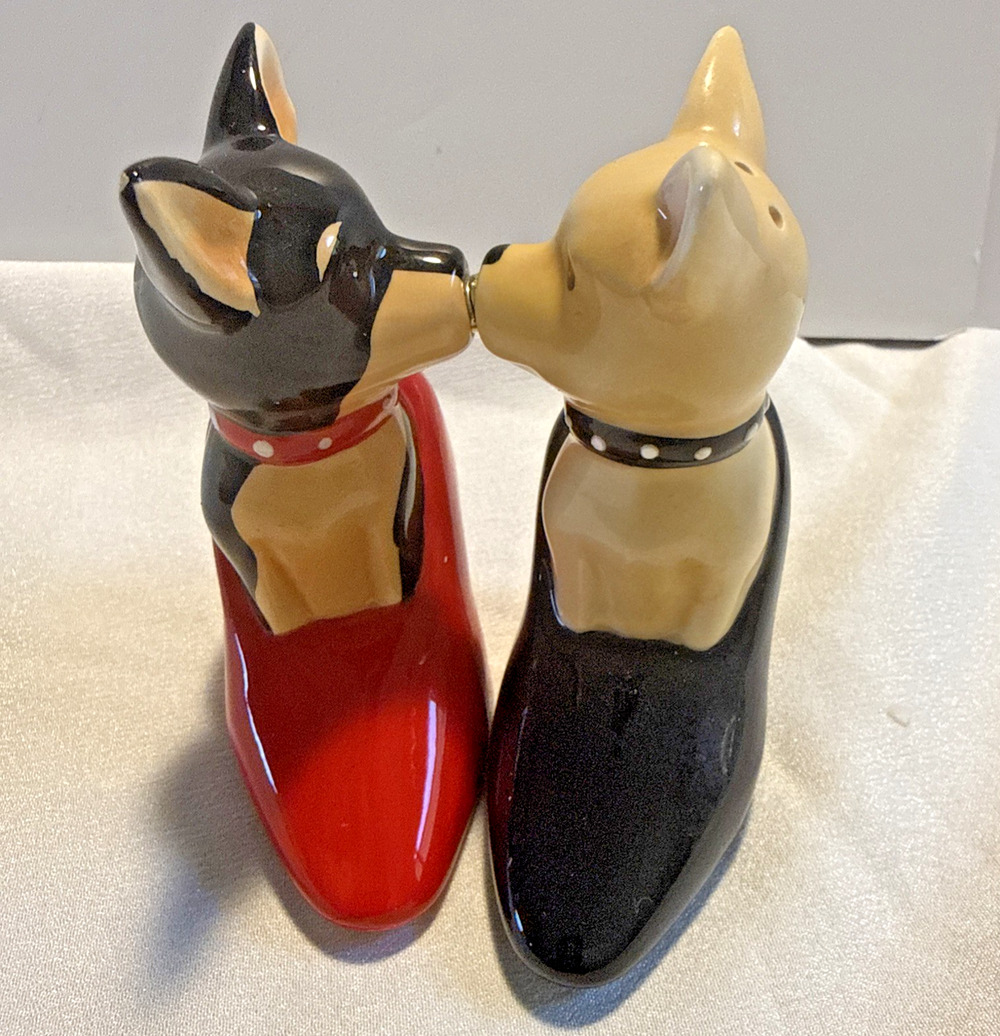 Kissing Chihuahua Dogs in High Heels Pump Shoes Magnetic Salt & Pepper Shakers